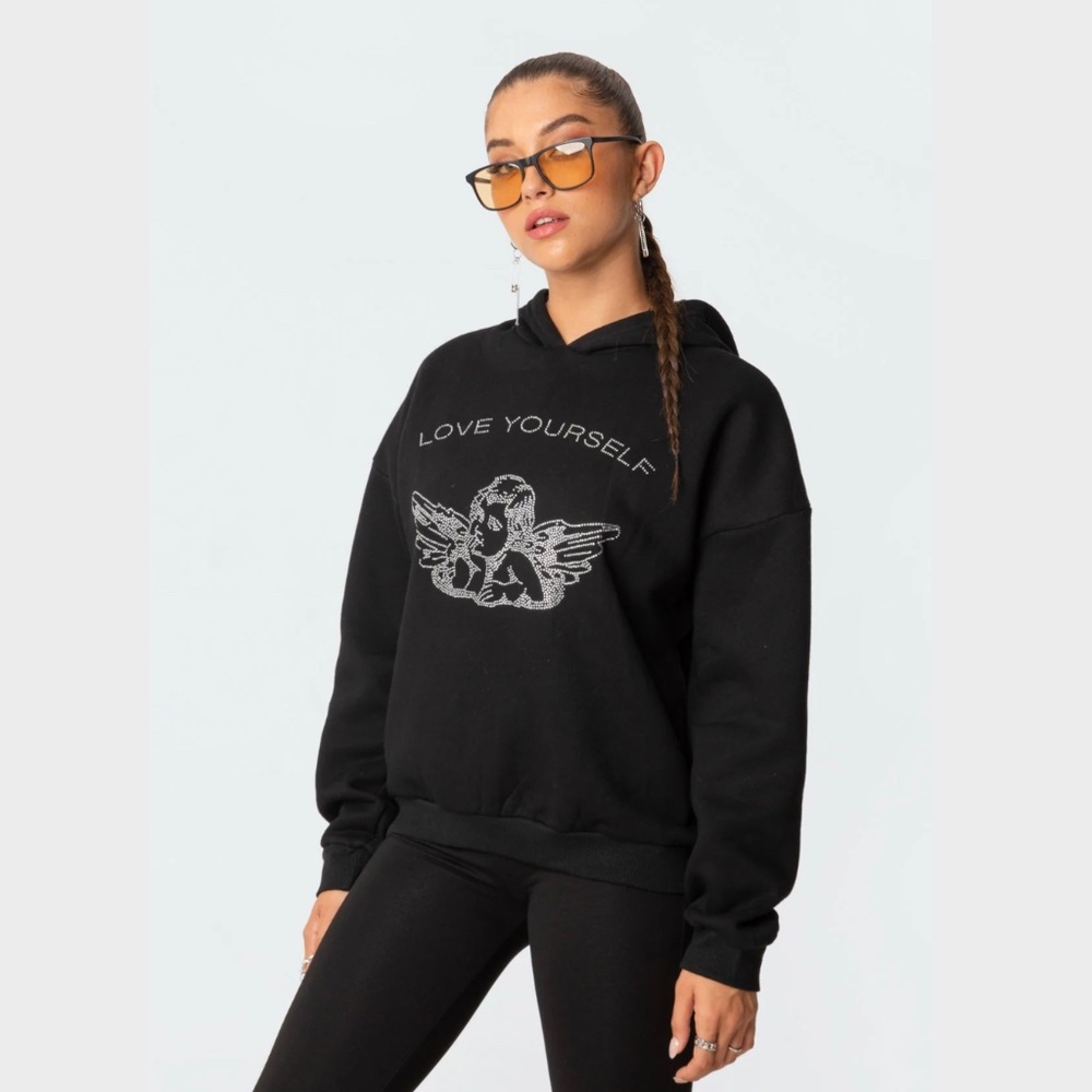 Angie Rhinestone Hoodie, Black, Size M